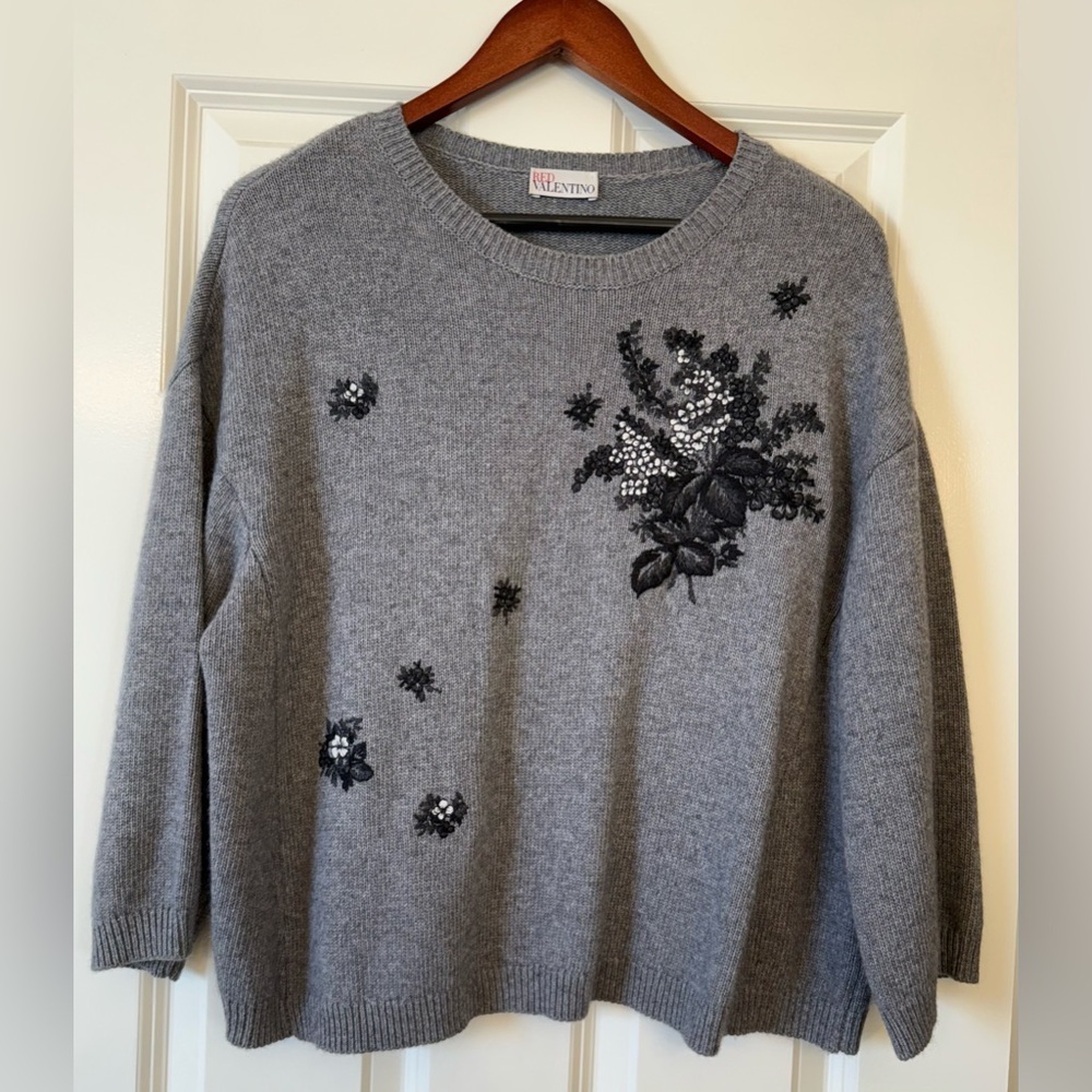 RED VALENTINO Wool Blend Dolman Sweater Gray with black floral Size Large